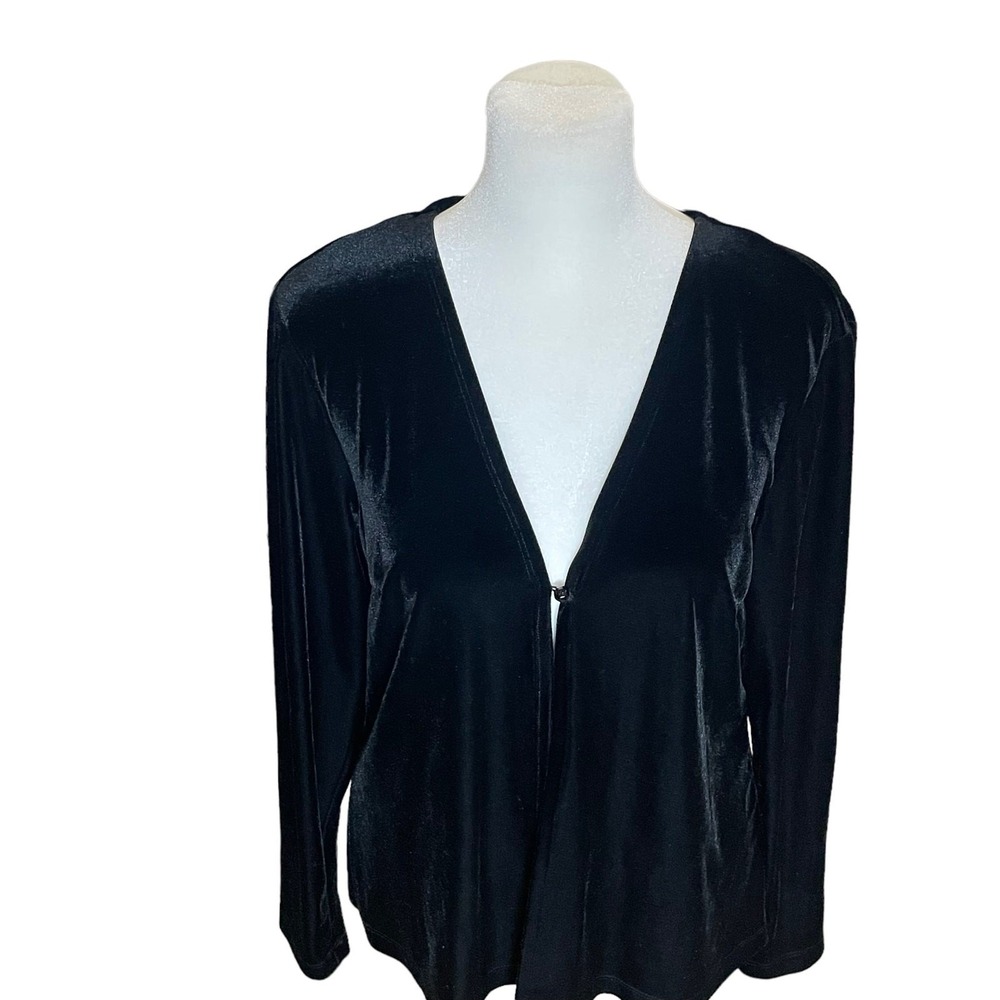 Vintage 90s Velvet Velour Cardigan Women L Black Goth Witchy Y2K Open Front Dark - Picture 3 of 13